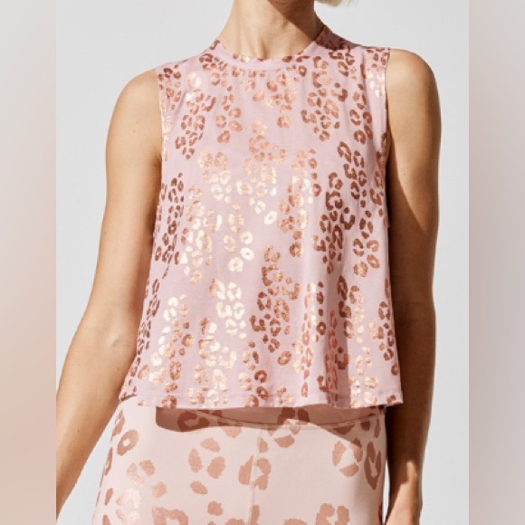 Spiritual Gangster Tops - Spiritual Gangster Sleeveless Cropped Metallic Cheetah Print Tank Top Pink Large